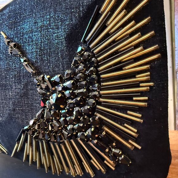 Trina Turk Miho Hand Beaded Clutch Shoulder Bag / Black Leather / Rare - Picture 5 of 14